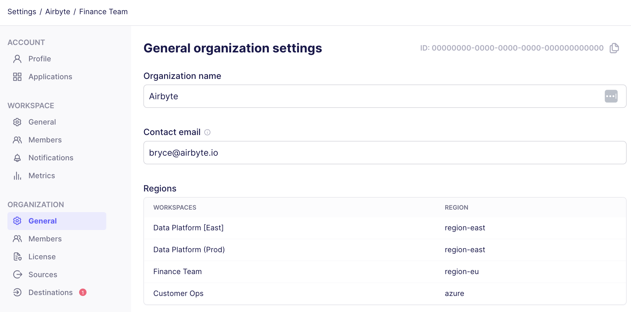 Multiple regions displayed in Airbyte's General Organization settings